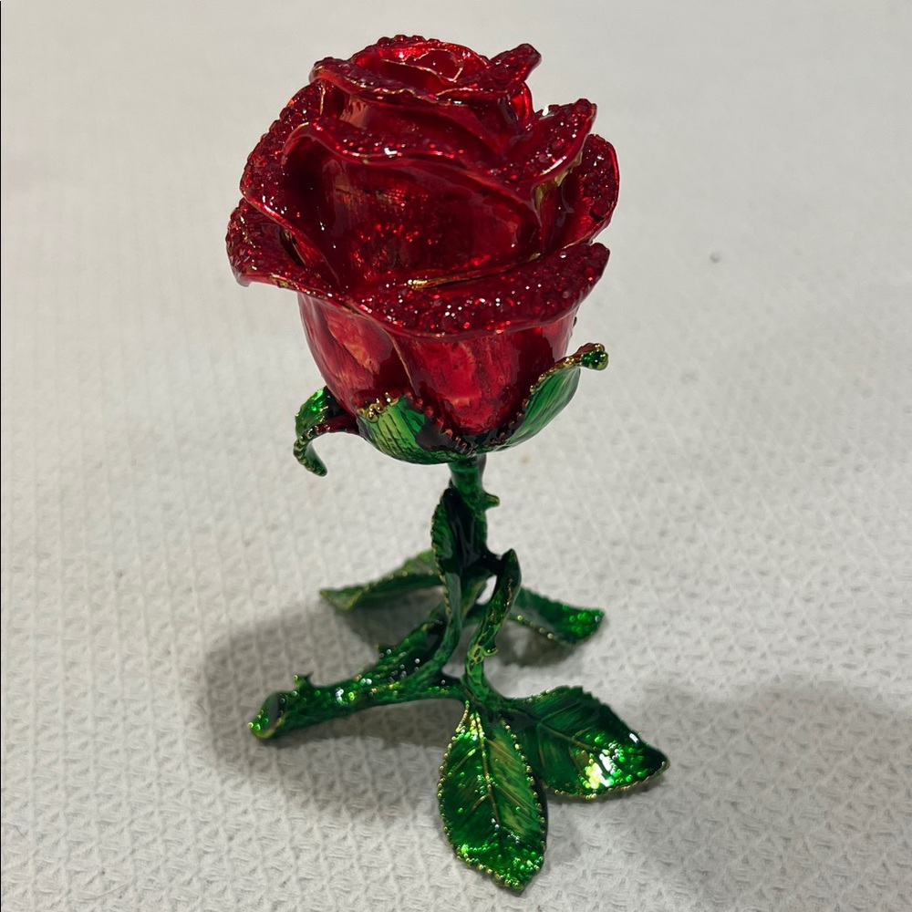 Elegant Red and Green Metal faberge style Rose , secret jewelry storage, NWB